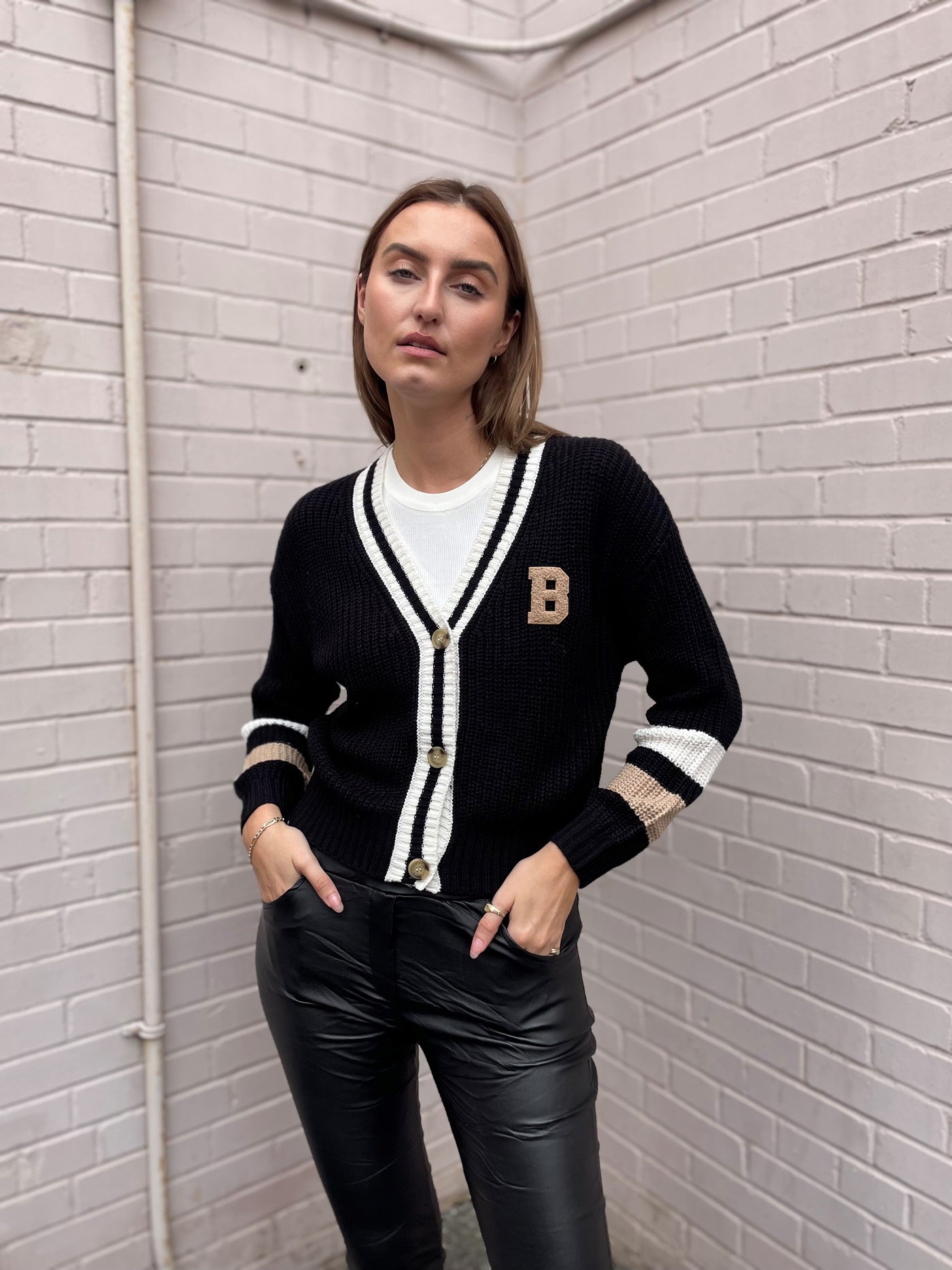 The Pink Door Black & White Varsity NY Crop Cardigan