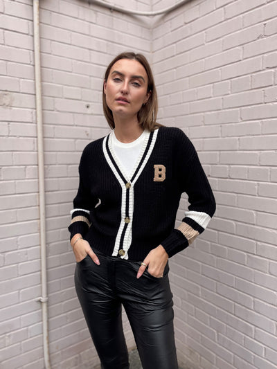 The Pink Door Black & White Varsity NY Crop Cardigan