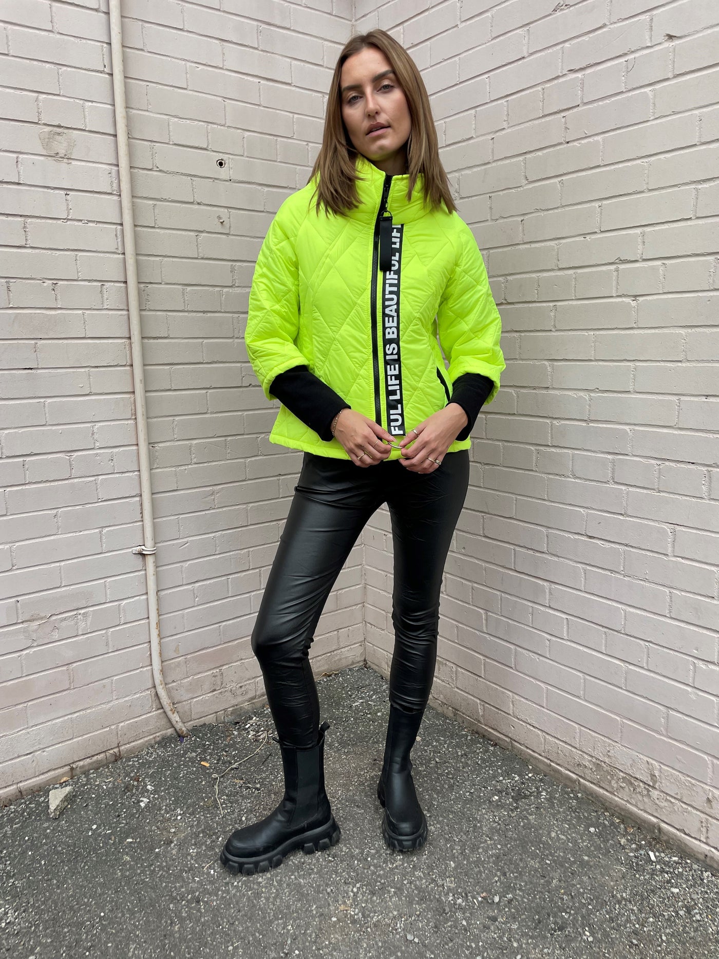 The Pink Door Puffer Jacket w/ Letter Detail - Yellow
