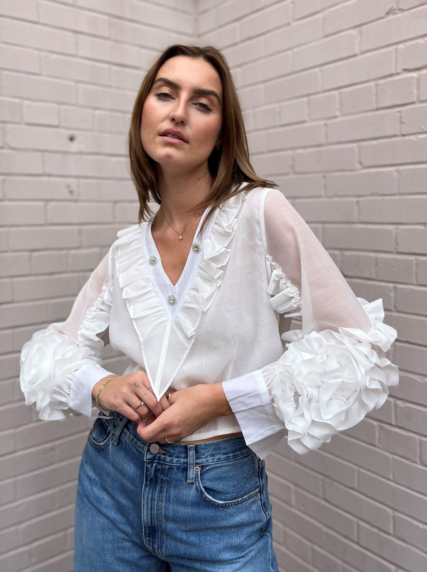 The Pink Door White Ruffle Rhinestone Top