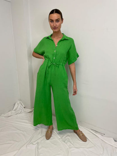 The Pink Door S/S Button Up Linen Jumpsuit - Green