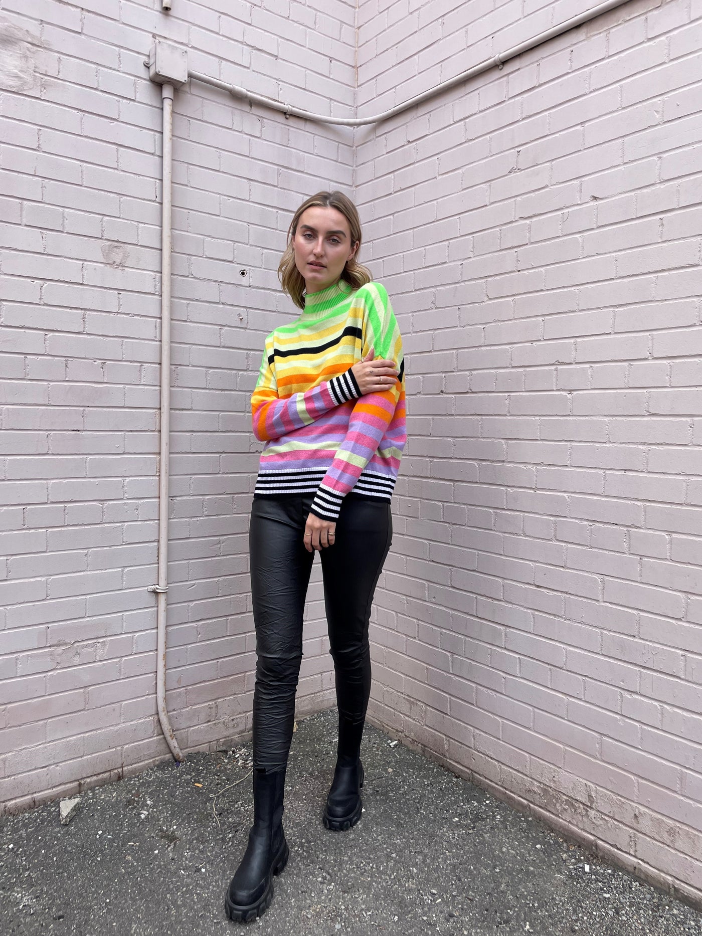 Brodie Pop Stripe Funnel Neck Top - Lime/Neon Green