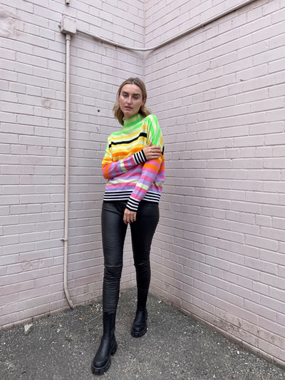 Brodie Pop Stripe Funnel Neck Top - Lime/Neon Green