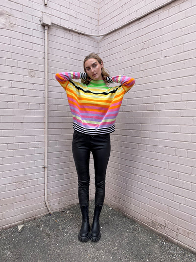 Brodie Pop Stripe Funnel Neck Top - Lime/Neon Green