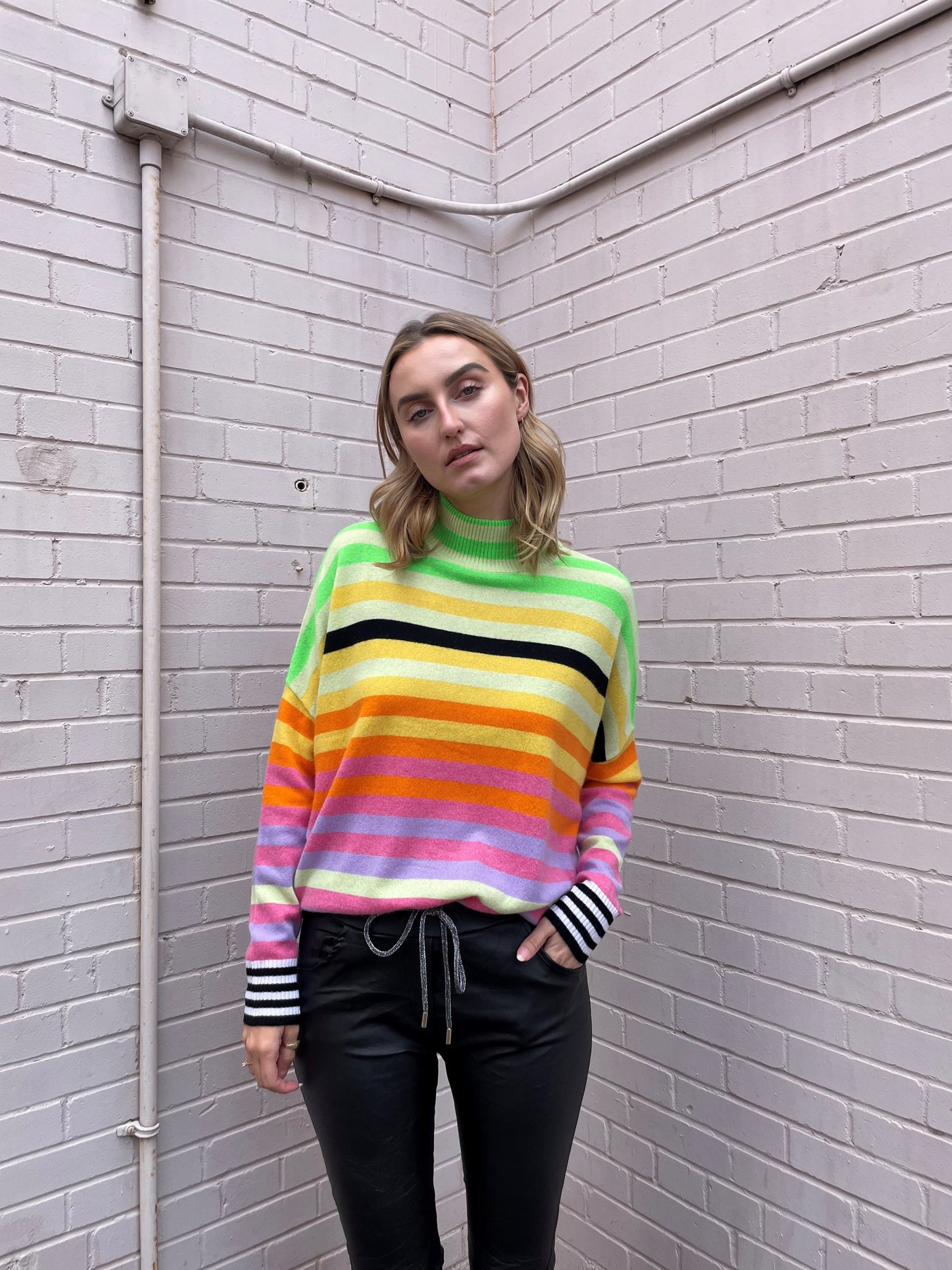 Brodie Pop Stripe Funnel Neck Top - Lime/Neon Green