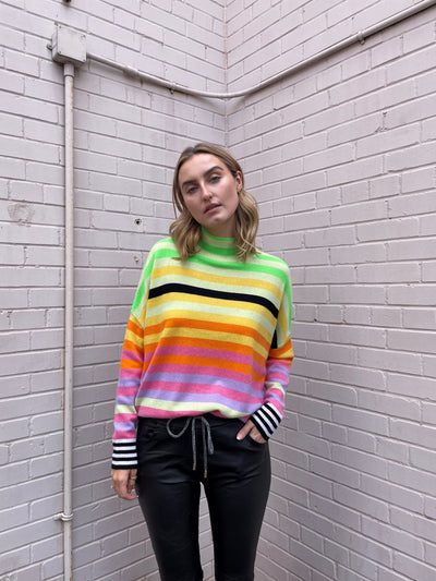 Brodie Pop Stripe Funnel Neck Top - Lime/Neon Green