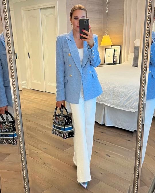 The Pink Door Classic Tweed Gold Button Blazer - Sky