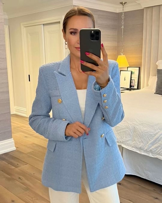 The Pink Door Classic Tweed Gold Button Blazer - Sky