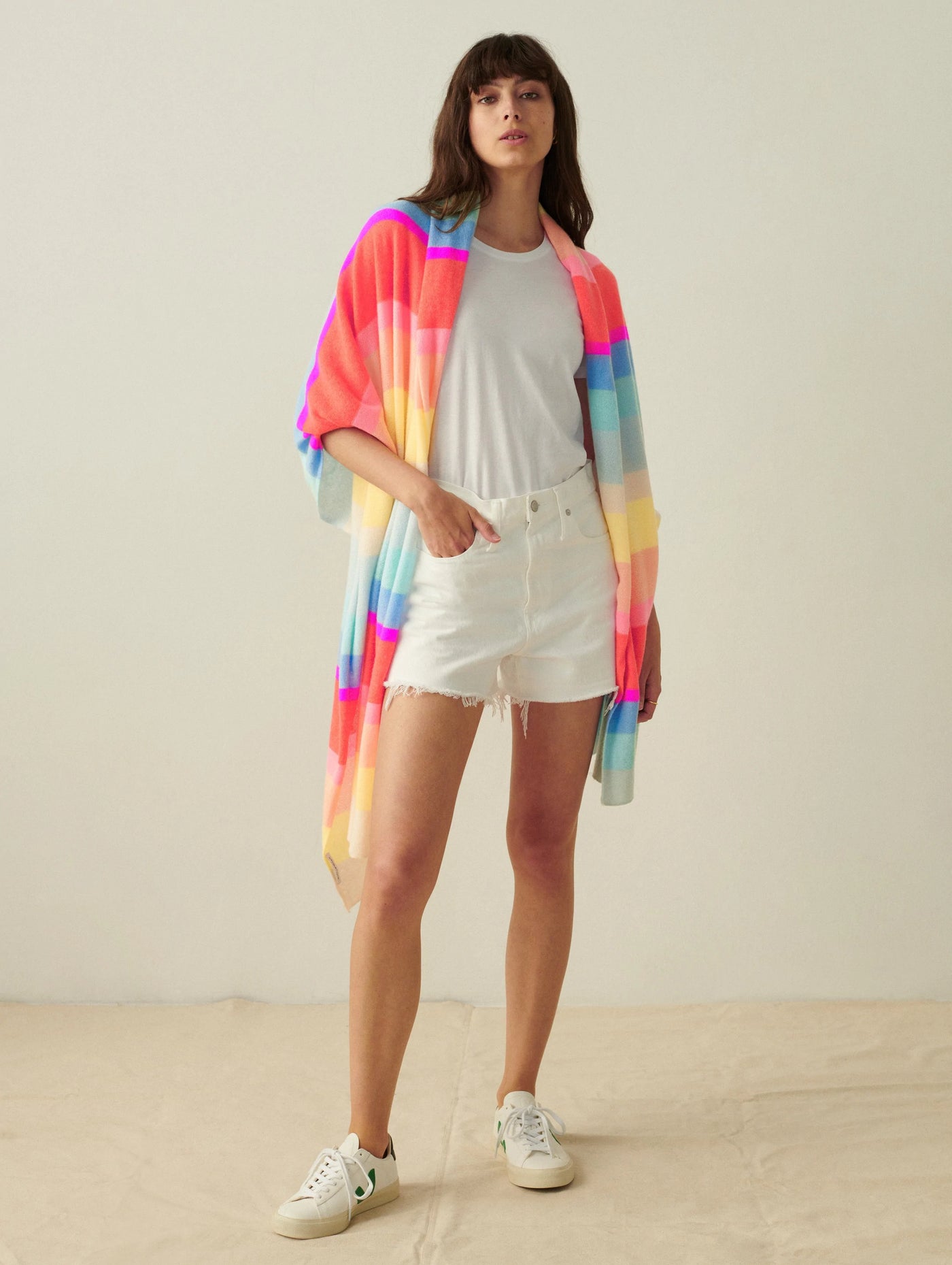 White +  Warren Cashmere Striped Travel Wrap Rainbow