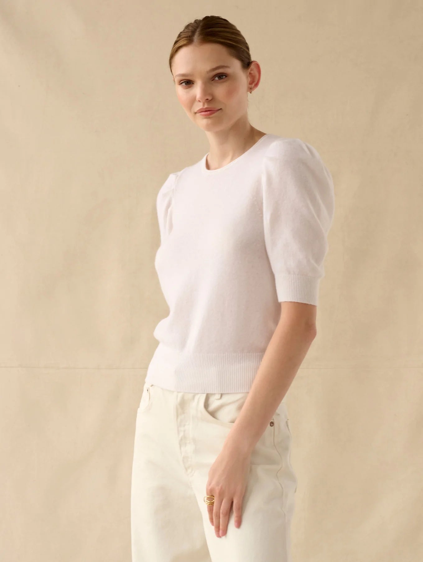 White + Warren Cashmere Puff Sleeve Tee - Soft White