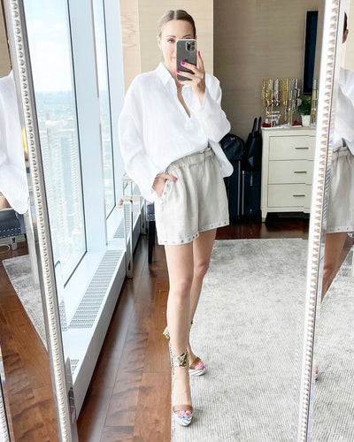 MINI Linen Shorts w/ Metal Cuff Detail - Beige