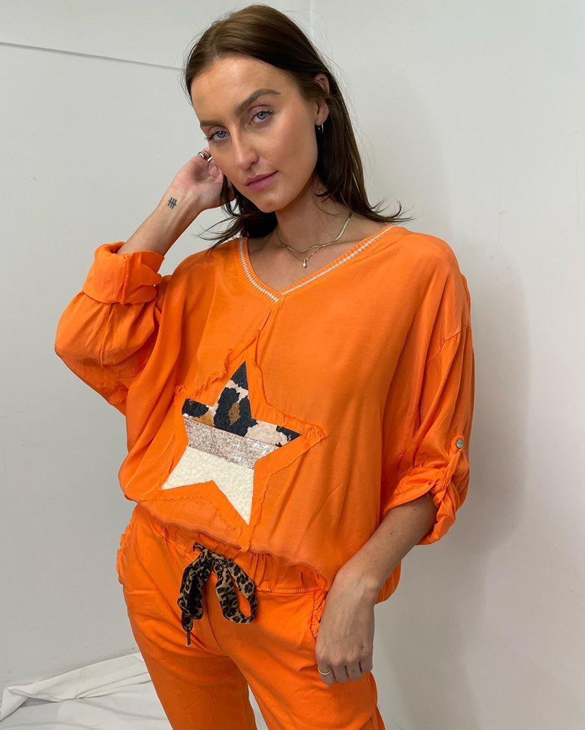 MINI V-neck Long Sleeve Star Top - Orange