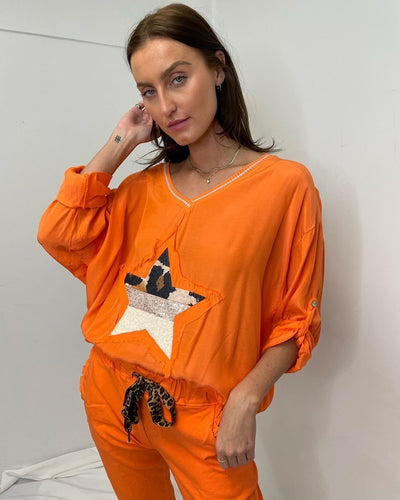 MINI V-neck Long Sleeve Star Top - Orange