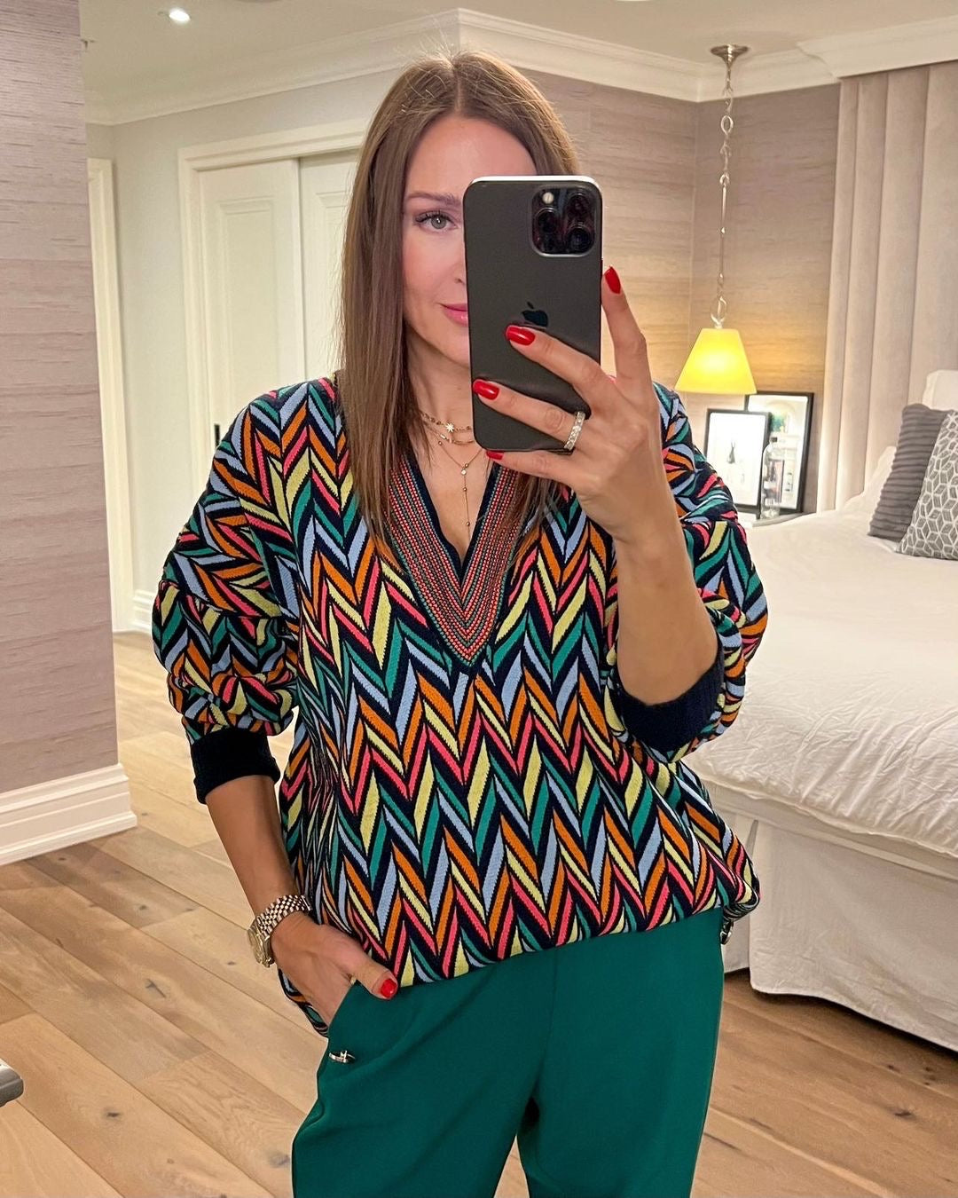 The Pink Door Colourful Neon Zig Zag V-neck Sweater