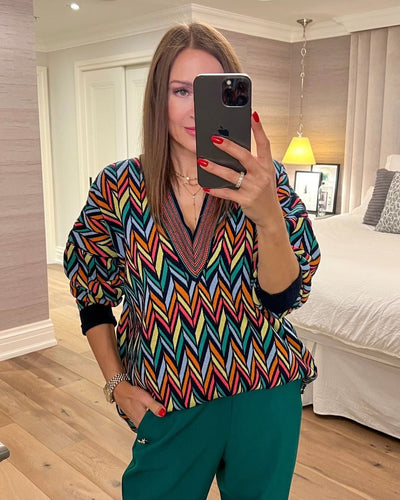 The Pink Door Colourful Neon Zig Zag V-neck Sweater