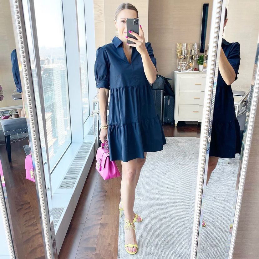 MOLLY BRACKEN Navy Blue Cotton Tier Dress