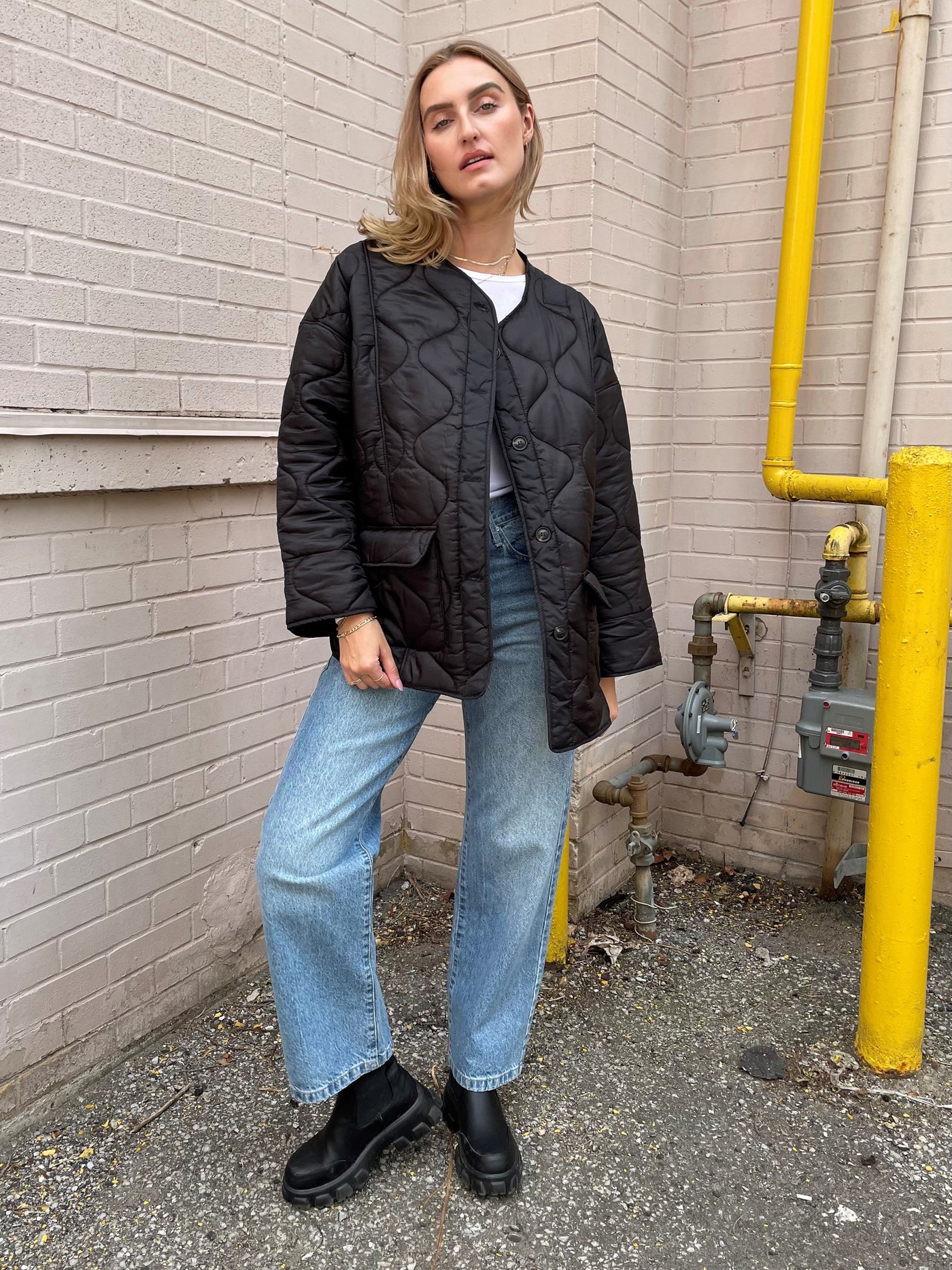 The Pink Door Oversized Thin Puffer Jacket Black