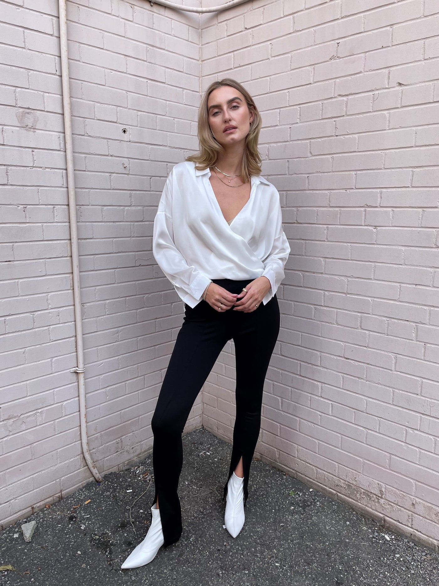 The Pink Door Silky Cross Over Blouse - White