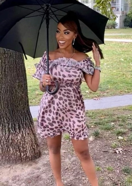 The Pink Door Animal Print Blush Ruffle Dress