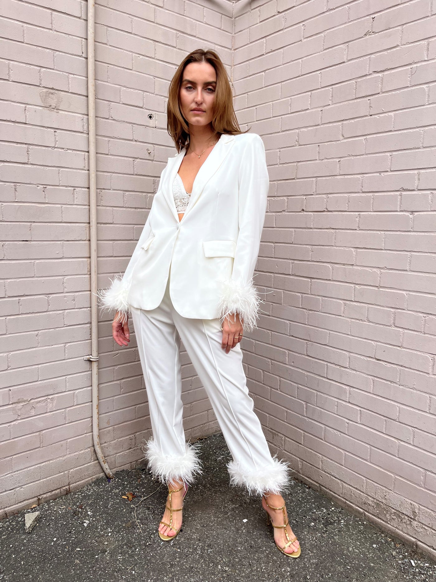 The Pink Door White Feather Trim Pants