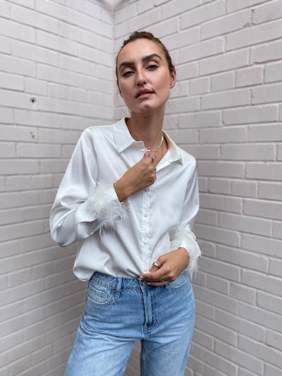 The Pink Door Ivory Button Up Top w/ Feather Sleeve Detail