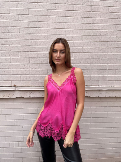 The Pink Door Lace Trim Cami - Fuchsia