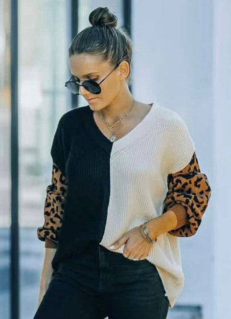 The Pink Door Sweater w/ Leopard Sleeves - White/Black