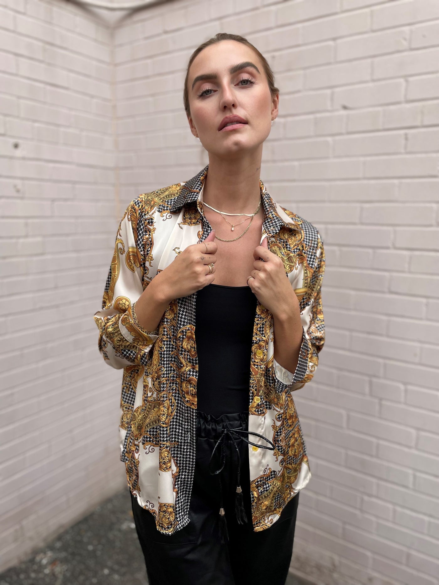 The Pink Door Gold Print Silky Shirt