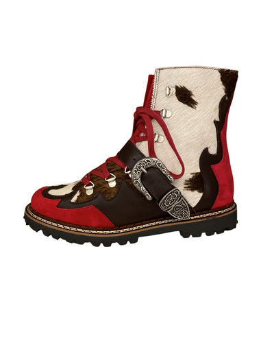 Ammann Country Red Cow Print Ankle Boots w/ Western Buckle