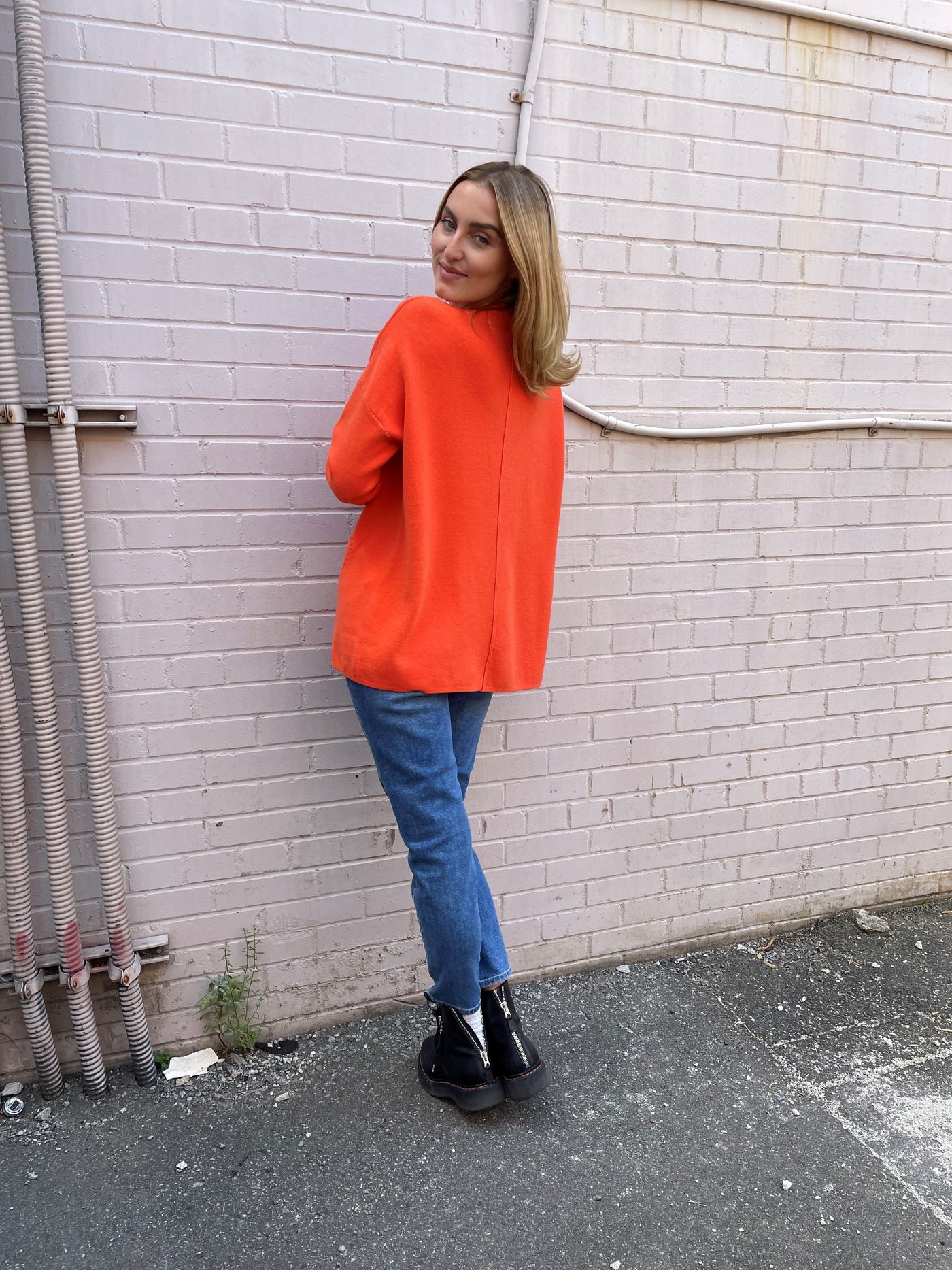 The Pink Door Orange Knit Sweater with Pockets