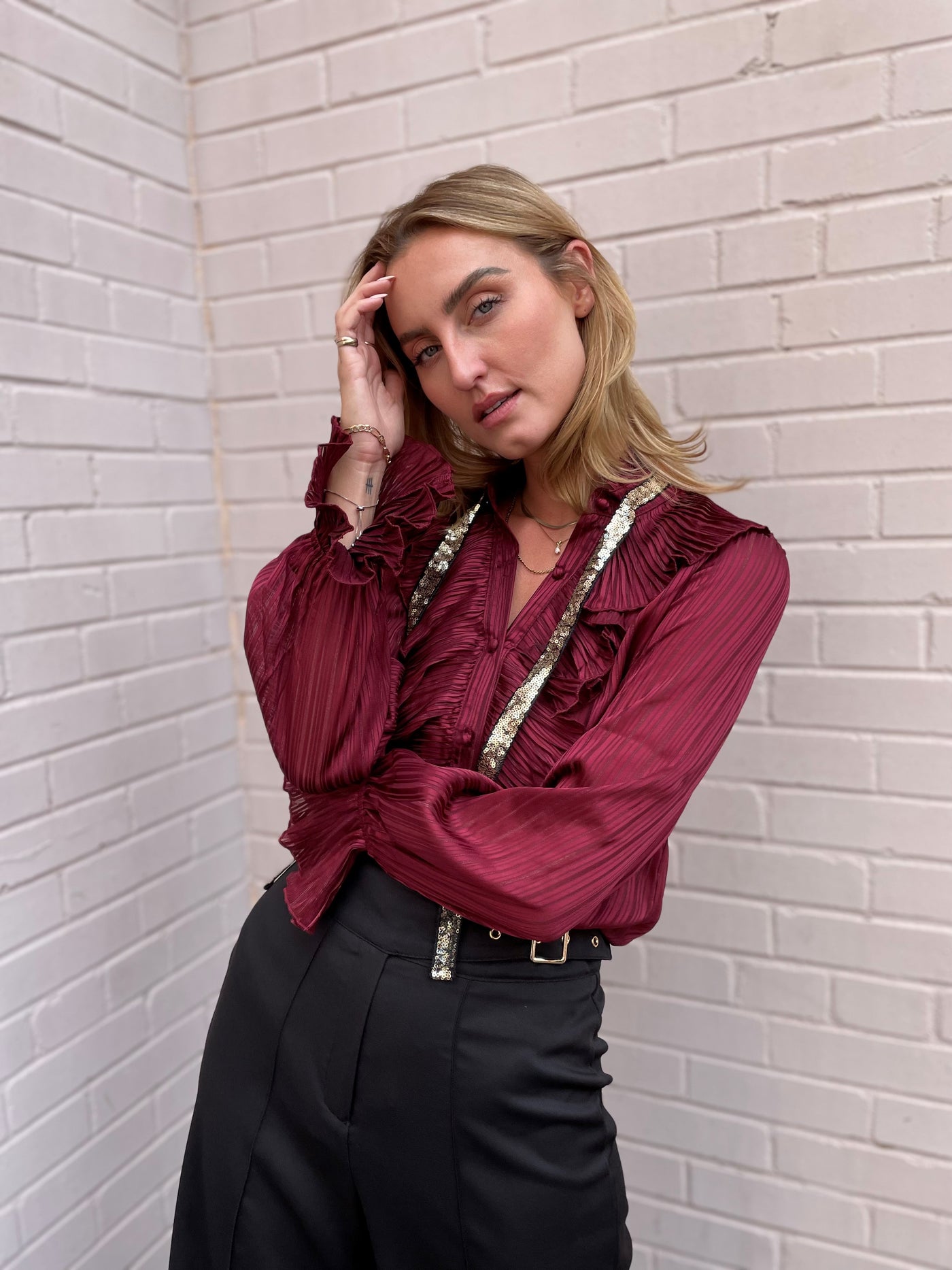 The Pink Door Ruffle w/ Gold Tie Blouse - Wine