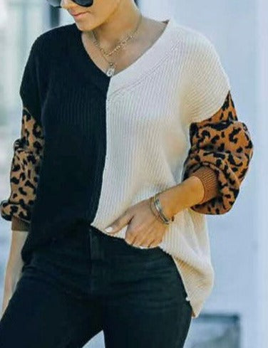 The Pink Door Sweater w/ Leopard Sleeves - White/Black