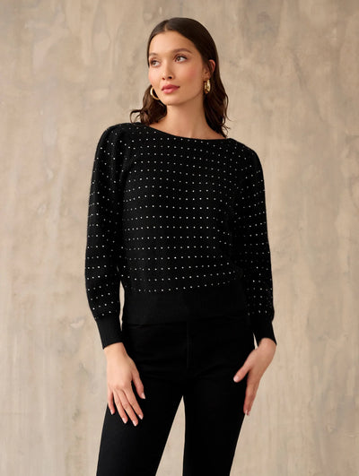 White + Warren Black Cashmere Embellished Blouson Sleeve Top