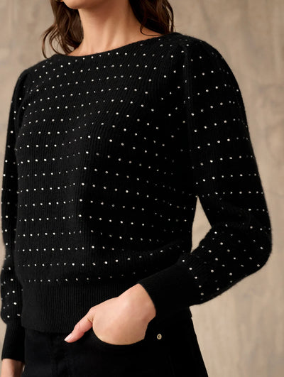 White + Warren Black Cashmere Embellished Blouson Sleeve Top