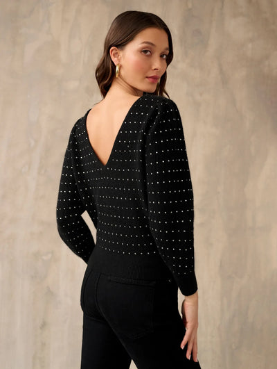 White + Warren Black Cashmere Embellished Blouson Sleeve Top