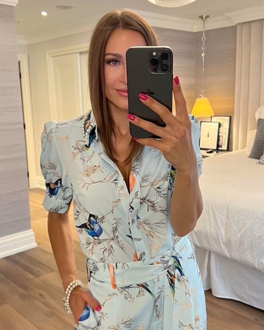The Pink Door Sky Blue Bird Print Top