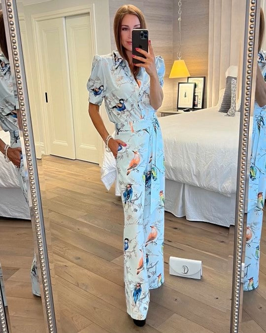 The Pink Door Sky Blue Bird Print Top