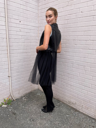 The Pink Door Faux Leather Vest w/ Tulle Trim