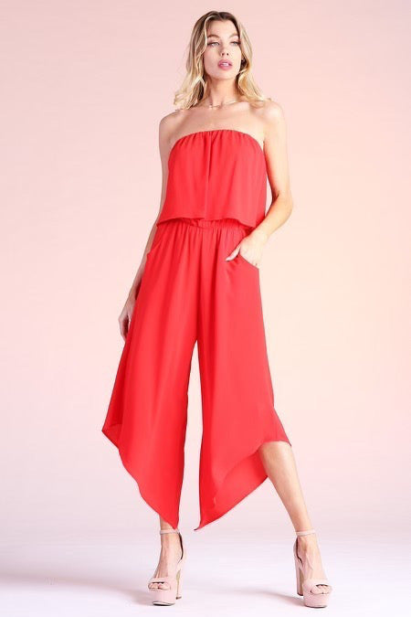 The Pink Door Strapless Cropped Romper - Red