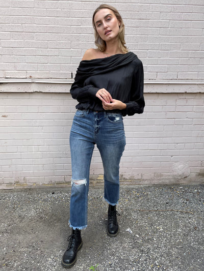 The Pink Door Black Silky L/S Off The Shoulder Top