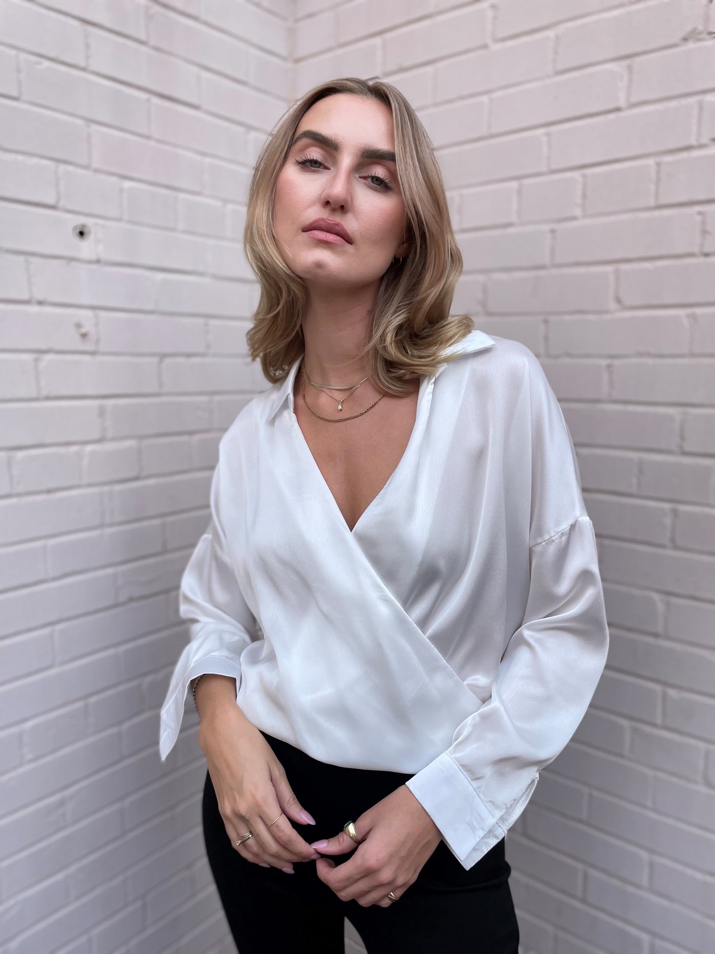 The Pink Door Silky Cross Over Blouse - White