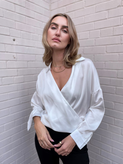 The Pink Door Silky Cross Over Blouse - White