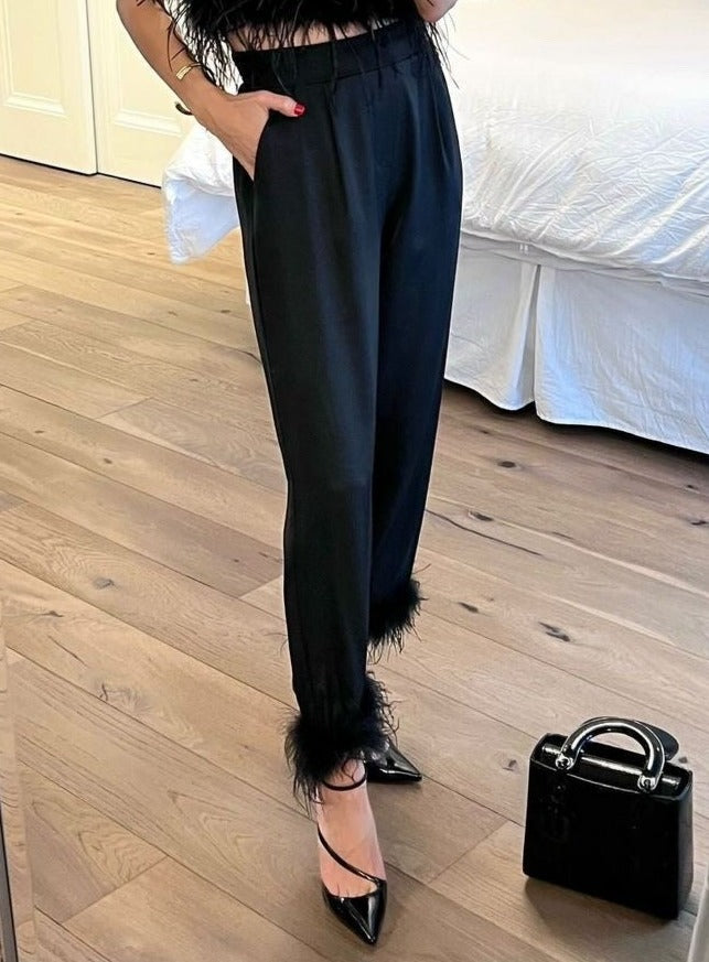 The Pink Door Black Satin Feather Trim Pants