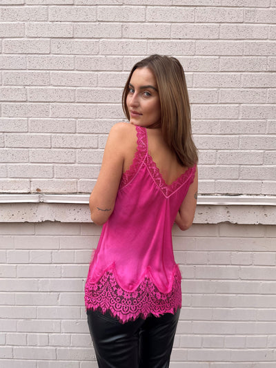 The Pink Door Lace Trim Cami - Fuchsia