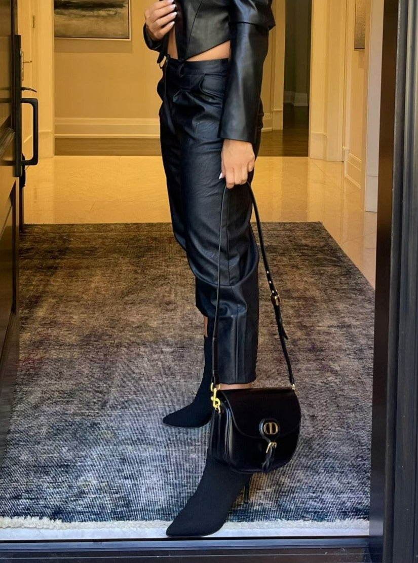 The Pink Door Pleated Black Faux Leather Pants