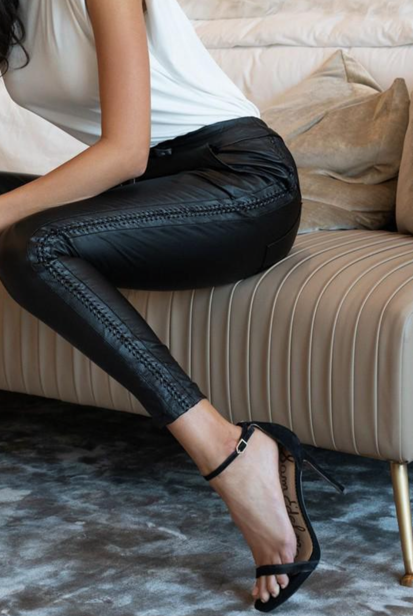 The Pink Door Faux Leather Pants w/ Braided Details - Black