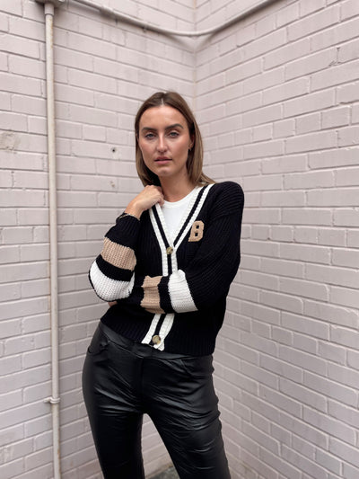 The Pink Door Black & White Varsity NY Crop Cardigan