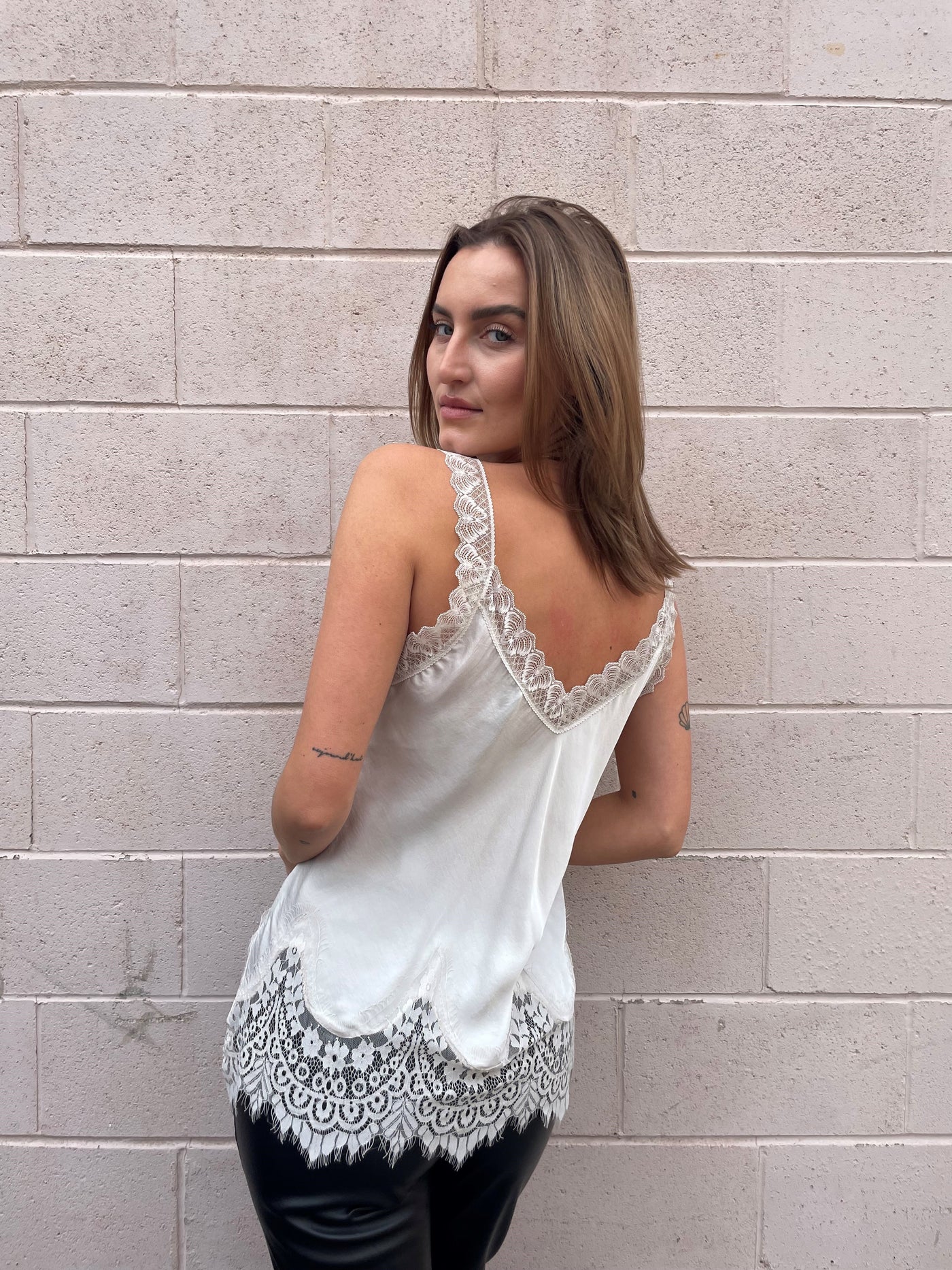 The Pink Door Lace Trim Cami - Oyster