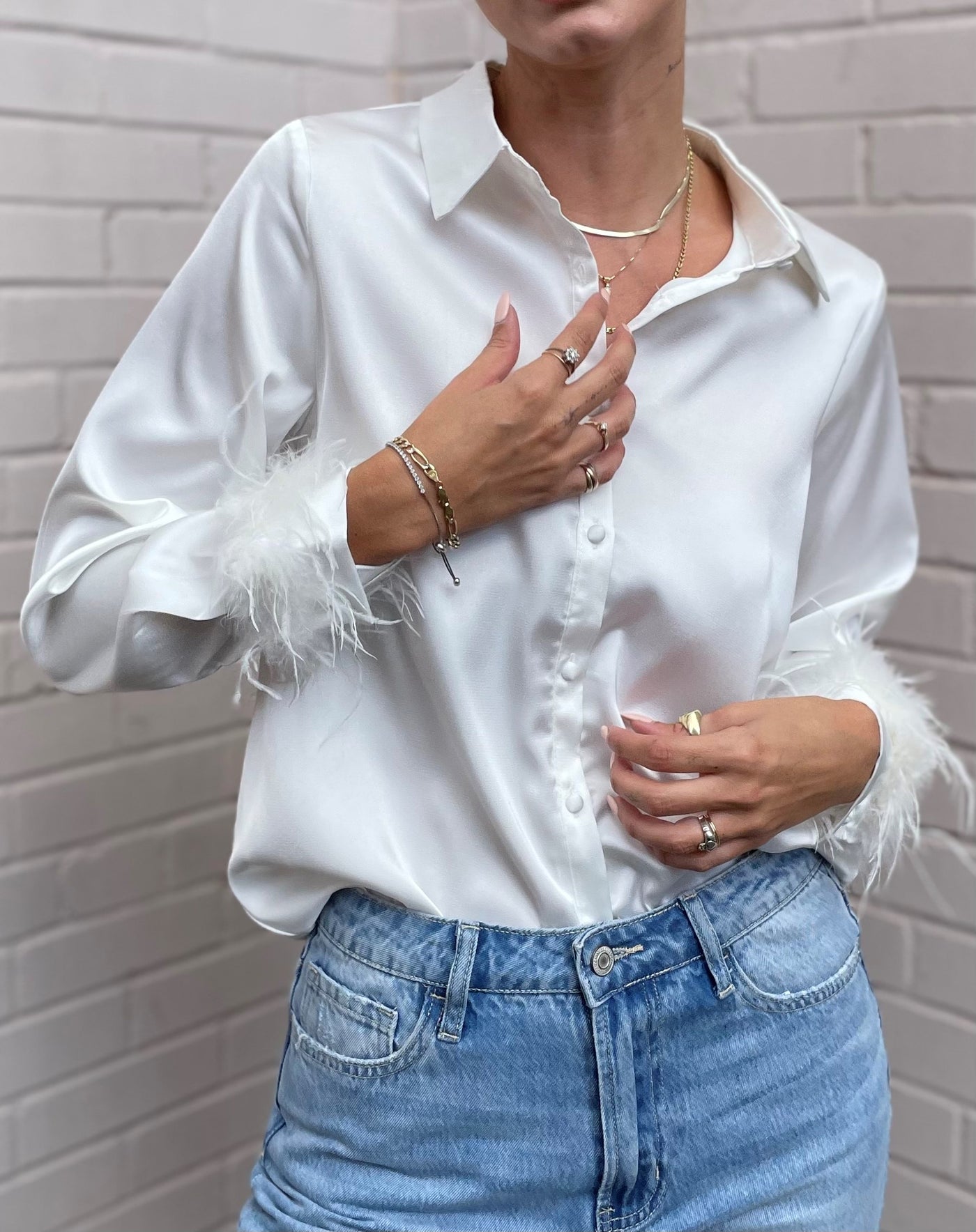 The Pink Door Ivory Button Up Top w/ Feather Sleeve Detail