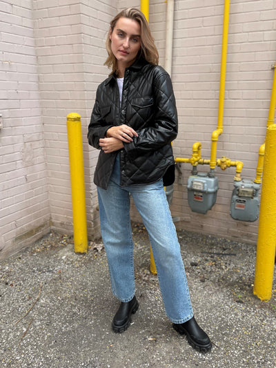 The Pink Door Quilted Faux Leather Shacket Black